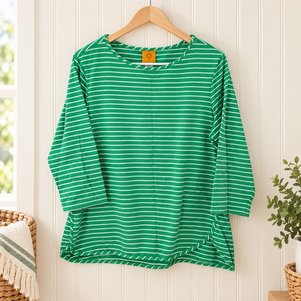 Ruby Rd Womens Petite M Green White Stripe Top Coastal Preppy Casual cotton